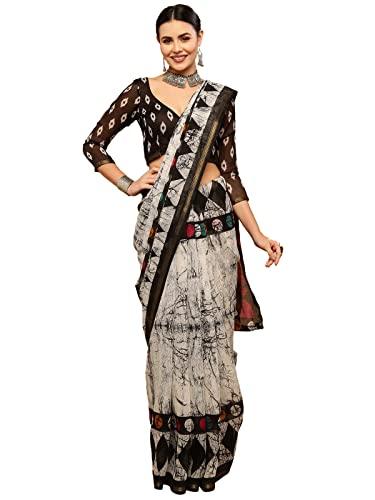 siril women's geometric printed cotton saree with blouse(2585s239_white, grey)