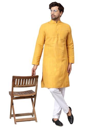 latest chikan men's cotton long kurta full sleeves - casual ethnic wear,42 yellow