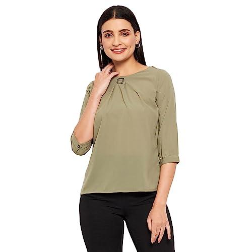 duke stardust women round neck 3/4 sleeve solid top (sdx3272_sage_m)