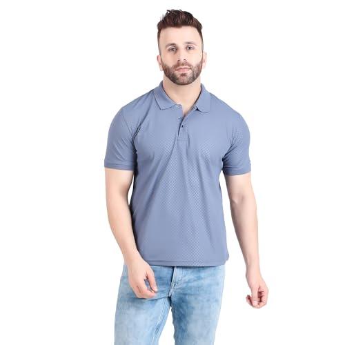 well quality sap knit polyester polo neck half sleeve solid t-shirt for men blue