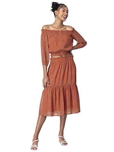 faballey georgette rust polka smocked midi skirt and bardot top set