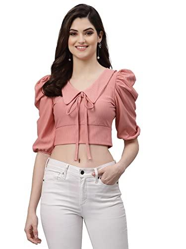 selvia women's puff sleeve knitted & solid lycra crop top(311tk8061n-m_light pink)