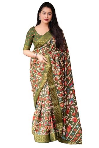 pandadi saree women's green silk saree with kalamkari print unstitched blouse piece.