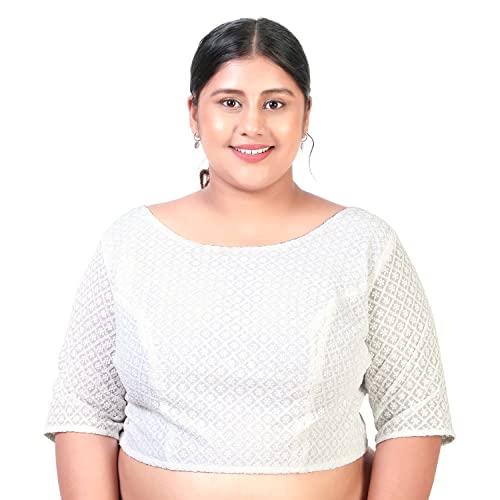 studio shringaar women's plus size georgette chikankari short sleeve saree blouse(white,50)