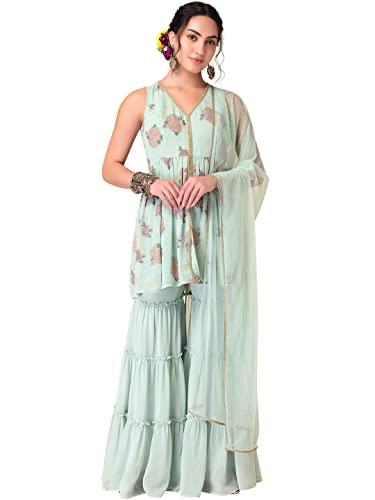 indya pastel green sharara with printed short kurta with dupatta (set of 3)