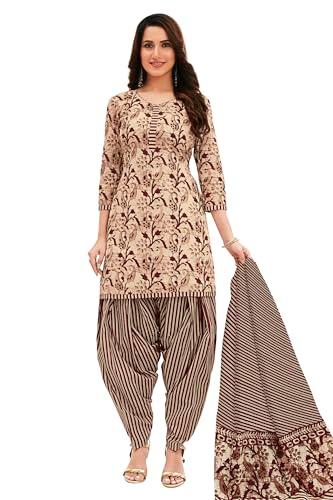 miraan unstitched printed cotton salwar suit material for women (san2205, beige, free size)