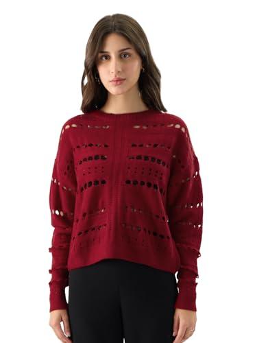 the souled store solids: deep crimson women and girls long sleeve round neck red oversized fit sweaters