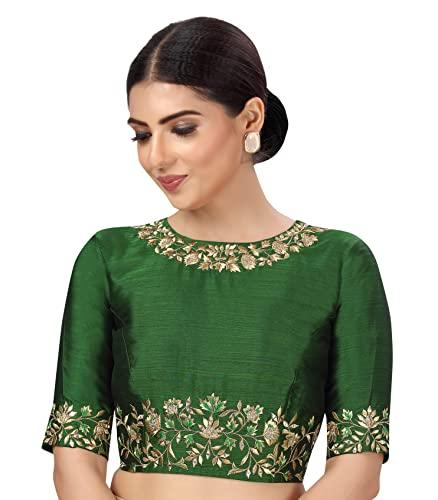 studio shringaar women's readymade art silk embroidered saree blouse with elbow length sleeves (green, 38)