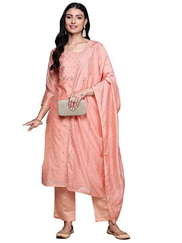 ishin women's peach embellished with sequins silk kurta suit set with trousers