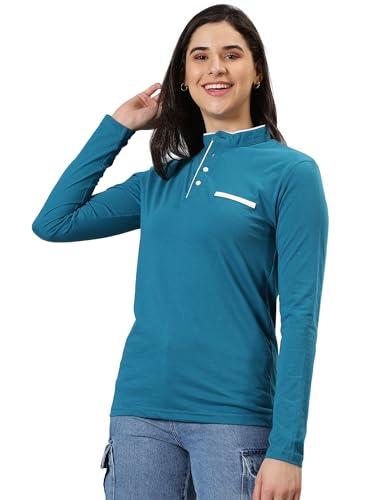 ausk womens t-shirt with henley neck full sleeves (color-teal blue) (size-l)