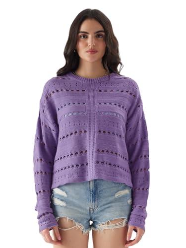 the souled store solids: periwinkle women and girls long sleeve round neck acrylic oversized fit sweaters