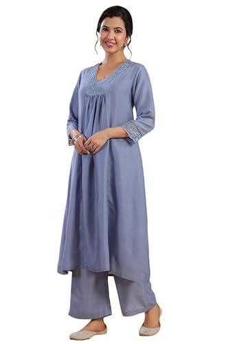 janasya women's blue muslin yoke embroidery panelled kurta set (jaa24st00135-s)