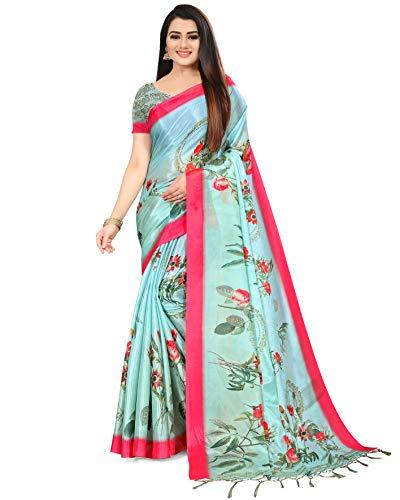 rajnandini women's cotton silk digital floral print traditional saree with blouse piece (turquoise)