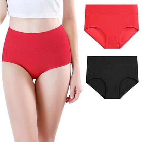 glamoras® women's regular cotton spandex underwear tummy control high waist ladies panties full coverage seamless briefs | free size soft breathable ladies panties - pack of 2 black red