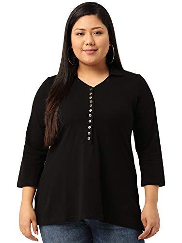 therebelinme plus size women's black solid color cotton knitted a-line collar t-shirt(xl)