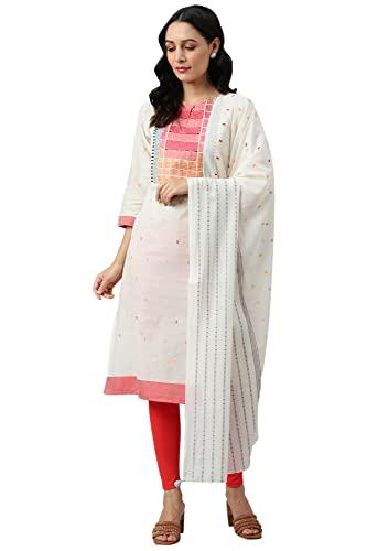 w for woman ecru dobby kurta, red tights and butta dobby dupatta set