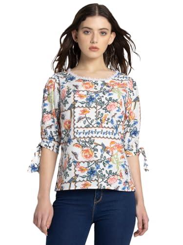 shaye boat neck white floral print three-quarter sleeves casual tops for women