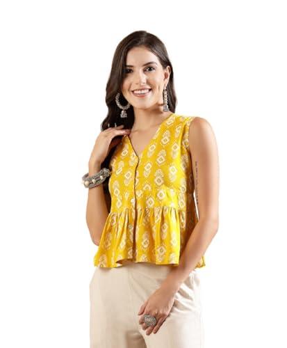 stylum women's ikat printed rayon peplum top (topggyellowoggy38_yellow, m)