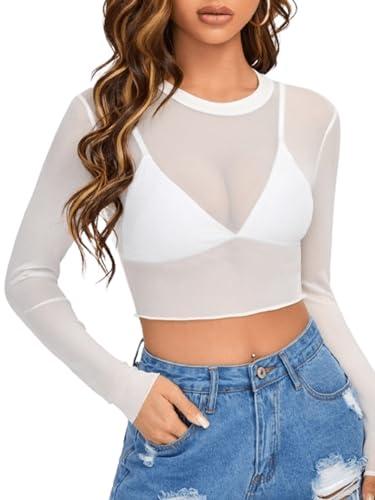 aahwan white mesh long sleeve sheer slim fit without bra crop top for women's & girl's (275-white-m)