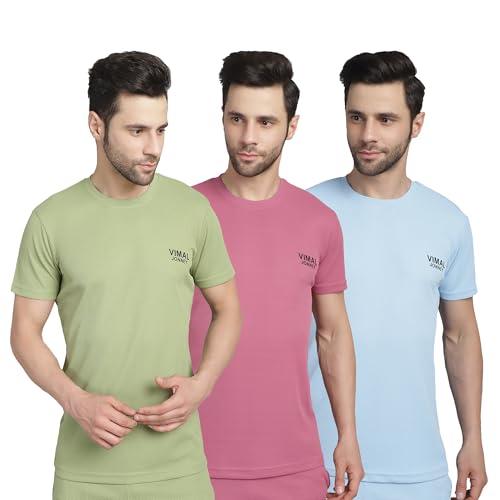 vimal jonney solid multicolor round neck polyester lycra half sleeves tshirt for men(pack of 3)-vimal635588