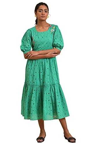 w for woman women's cotton green schiffli embroidered dress calf length (23few18819-830243_teal 10)