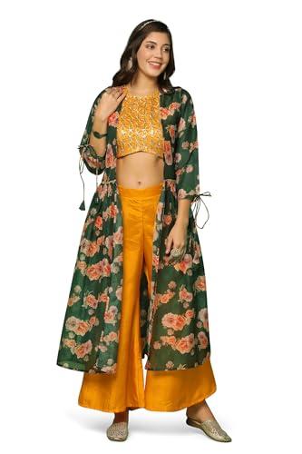 fashion dream women’s dola silk crop top and palazzo suit set with shrug (fdwset00063 ylw m_yellow_m)