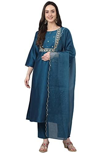 janasya women's teal chinon solid kurta with pant and dupatta(set568-kr-np-xxxl)