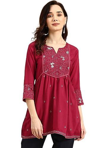 rytras women's embroidered regular fit top(maroon,xxl)