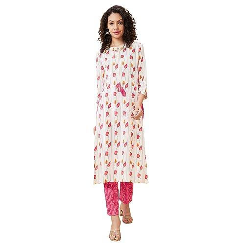 globus women off white printed straight kurta set with trouser-3638115004