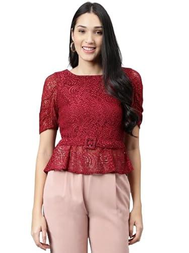 latin quarters women's half sleeves regular fit wine red lace top_xl