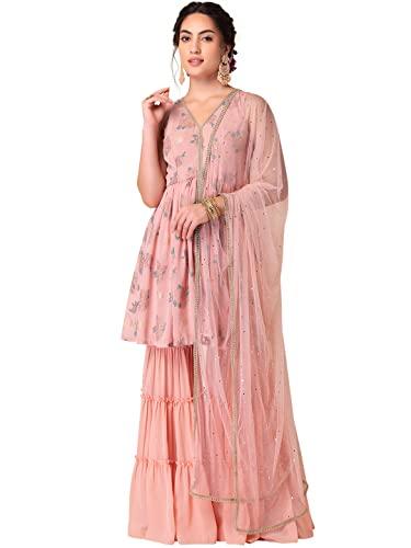 indya pastel pink sharara and printed short kurta with dupatta (set of 3)