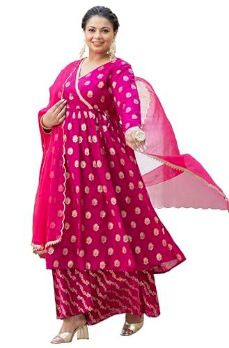 janasya women's pink brocade woven design kurta with palazzo and dupatta(pset790-kr-pp-4xl)