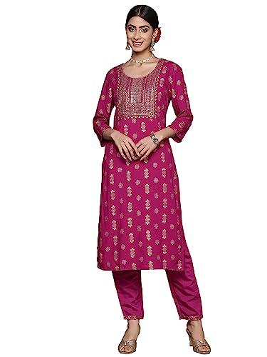 ishin women's viscose rayon printed magenta straight kurta suit set with pants