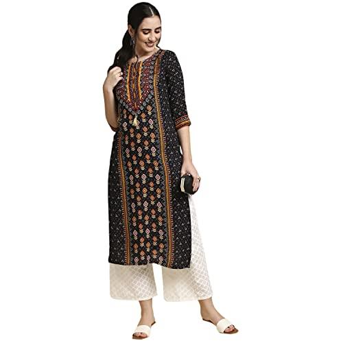 anubhutee black ethnic printed straight cotton kurta suit set with palazzos for women