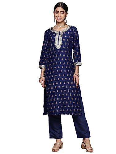 ishin women's silk blend printed navy blue straight kurta suit set with pants