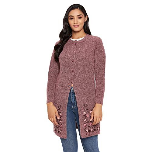 clapton peach stylish winterwear sweaters with solid cardigans long outer for women fullsleeve longline round neck with button soft acrylic woolen embordiery shurg