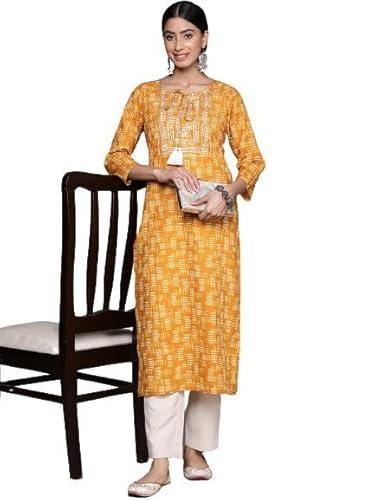 anubhutee women's cotton mustard gota patti geometric printed straight kurta