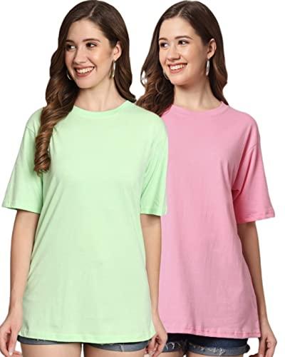 funday fashion cotton short sleeve oversized t-shirt for women (pack of 2) (xxx-large, pista green & light pink)