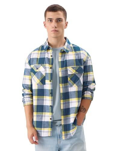 the souled store plaid: blue, white, yellow men and boys long sleeve button front relaxed fit shirts