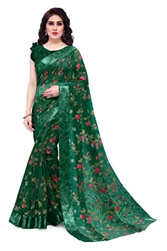 sourbh women's plain weave cotton blend tropical flower printed saree with blouse piece (30663-dark green, red)