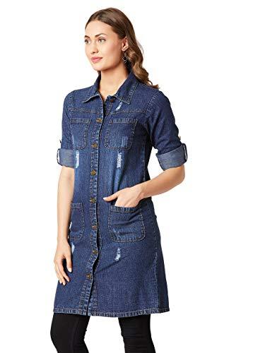 miss chase women's solid collared full sleeves patch pocket denim knee-length jacket