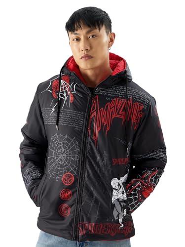 the souled store official spider-man: the suit men and boys long sleeve hooded neck polyester graphic printed reversible puffer jackets