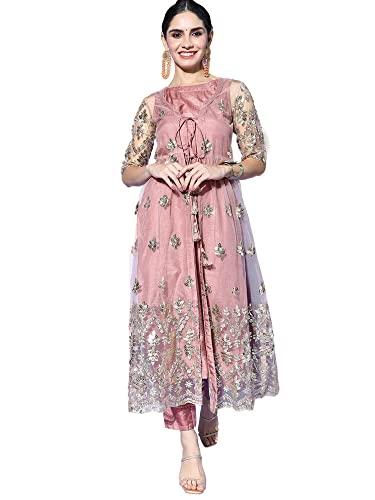 indo era women's net floral embroidered a-line kurta trousers set (22yyy4800s_mauve_s-size)