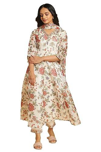 w for woman women's polyester kurta, slim pant & dupatta (23auws19725-120981_ecru mulicoloured