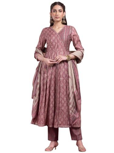 indya dusty pink batik print muslin angrakha kurta with pants and dupatta (set of 3)