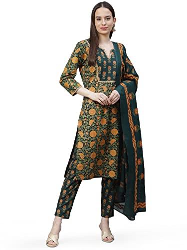 jompers women printed kurta with lace work, printed pants & dupatta set (green, m)