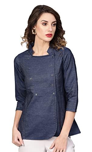 yash gallery women's denim solid straight top for women (l, blue)