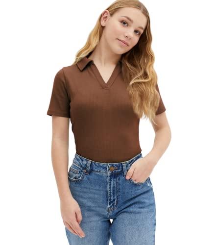 redamancii women polo neck short sleeves stretchable ribbed top