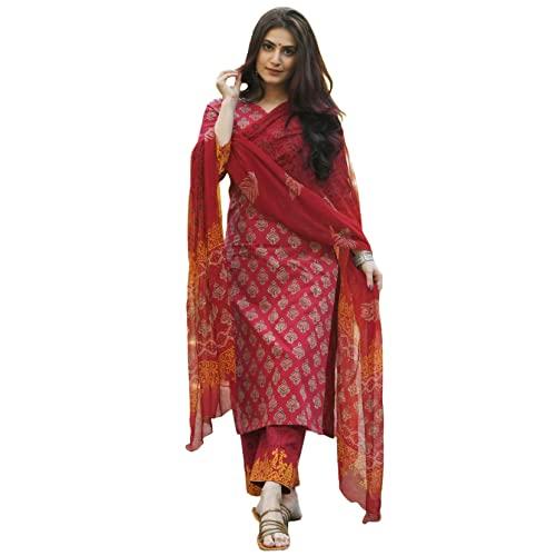 gosriki women's rayon floral printed straight kurta with pants & dupatta (shank-maroon-nw08_l-gs_maroon_large)