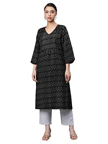 linen club woman black geo printed a line kurta (size: m)-lcwess22lkfblk0072